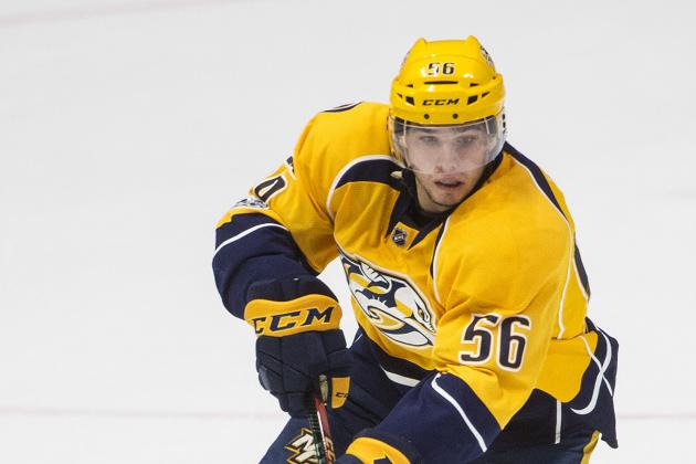 NASHVILLE, TN - APRIL 17:  Kevin Fiala #56 of the Nashville Predators skates against the Chicago Blackhawks in Game Three of the Western Conference First Round during the 2017 NHL Stanley Cup Playoffs at Bridgestone Arena on April 17, 2017 in Nashville, Tennessee. (Photo by Ronald C. Modra/NHL/Getty Images)