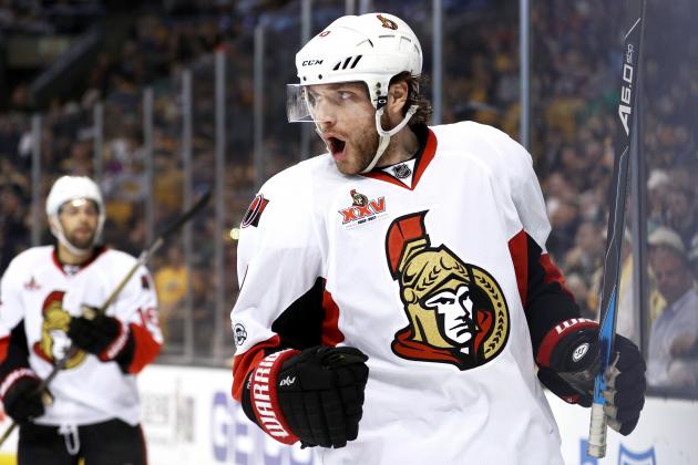 BOSTON, MA - APRIL 23:  Bobby Ryan #9 of the Ottawa Senators celebrates after scoring against the Boston Bruins during the second period of Game Six of the Eastern Conference First Round during the 2017 NHL Stanley Cup Playoffs at TD Garden on April 23, 2017 in Boston, Massachusetts. (Photo by Maddie Meyer/Getty Images)