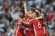 (L-R) Bayern Munich's Austrian defender David Alaba, Bayern Munich's Chilian midfielder Arturo Vidal, Bayern Munich's striker Thomas Mueller, Bayern Munich's Spanish midfielder Thiago Alcantara and Bayern Munich's Polish striker Robert Lewandowski celebrate an own goal by Madrid during the UEFA Champions League quarter-final second leg football match Real Madrid vs FC Bayern Munich at the Santiago Bernabeu stadium in Madrid in Madrid on April 18, 2017. / AFP PHOTO / Christof STACHE (Photo credit should read CHRISTOF STACHE/AFP/Getty Images)