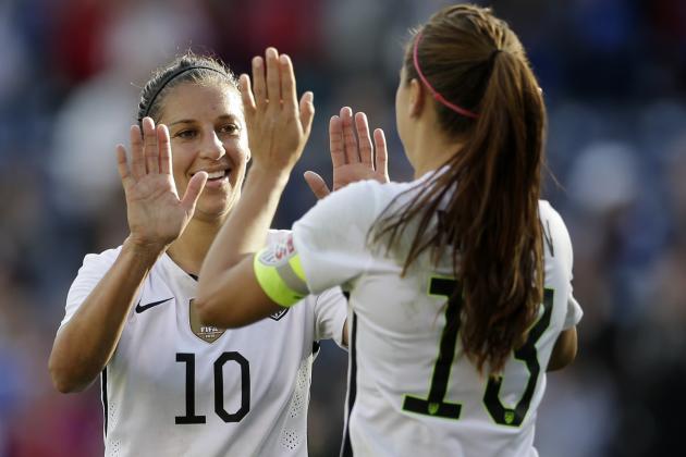 The United States' Carli Lloyd (10) celebrates a goal with teammate Alex Morgan, right, during the first half in a women's international friendly soccer game against Ireland Saturday, Jan. 23, 2016, in San Diego. (AP Photo/Gregory Bull)