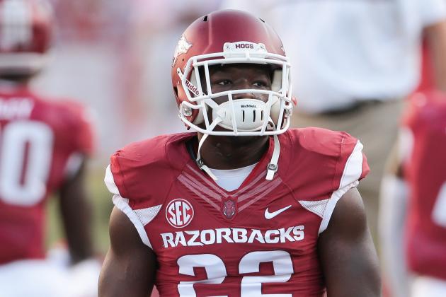 Arkansas Razorbacks running back Rawleigh Williams III (22) stretches with the team before the start of an NCAA football game against the Mississippi Rebels on Saturday, Oct. 15, 2016, in Fayetteville, Ark. Arkansas beat Mississippi, 34-30. (AP Photo/Chris Brashers)