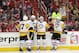 Apr 29, 2017; Washington, DC, USA; Pittsburgh Penguins center Jake Guentzel (59) celebrates with teammates after scoring a goal against the Washington Capitals during the second period in game two of the second round of the 2017 Stanley Cup Playoffs at Verizon Center. Mandatory Credit: Geoff Burke-USA TODAY Sports