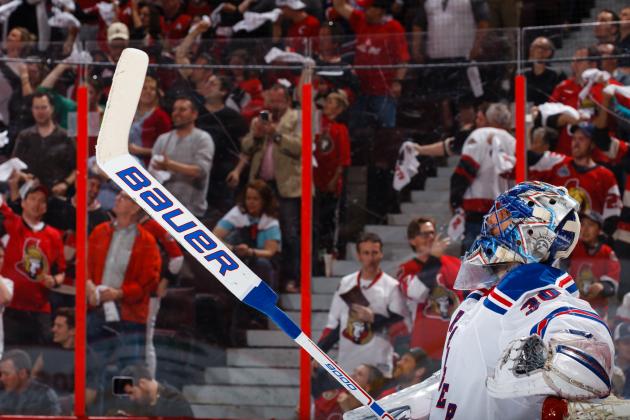OTTAWA, ON - APRIL 27: Henrik Lundqvist #30 of the New York Rangers reacts after allowing a second period power-play goal by the Ottawa Senators in Game One of the Eastern Conference Second Round during the 2017 NHL Stanley Cup Playoffs at Canadian Tire Centre on April 27, 2017 in Ottawa, Ontario, Canada. (Photo by Jana Chytilova/Freestyle Photography/Getty Images) *** Local Caption ***