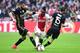 Lyon's French midfielder Maxime Gonalons (L) and Lyon's French defender Jeremy Morel (R) vie with Ajax forward Bertrand Traoré (C) during UEFA Europa League semi-final, first leg, Ajax Amsterdam v Olympique Lyonnais (OM) on May 3, 2017 in Amsterdam. / AFP PHOTO / Emmanuel DUNAND (Photo credit should read EMMANUEL DUNAND/AFP/Getty Images)