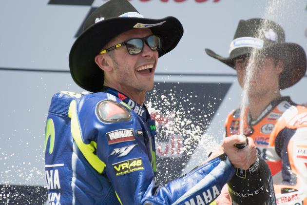 AUSTIN, TX - APRIL 23:  Valentino Rossi of Italy and Movistar Yamaha MotoGP celebrates the second place on the podium at the end of the MotoGP race during the MotoGp Red Bull U.S. Grand Prix of The Americas - Race at Circuit of The Americas on April 23, 2017 in Austin, Texas.  (Photo by Getty Images/Getty Images)