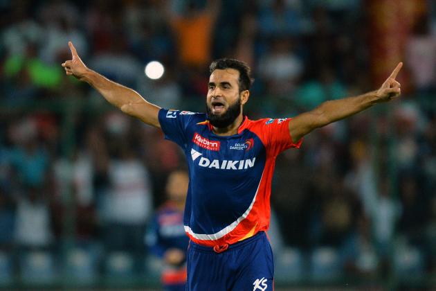 Delhi Daredevils' bowler Imran Tahir celebrates after dismissing Rising Pune Supergiants' batsman Saurabh Tiwaray during the 2016 Indian Premier League (IPL) Twenty20 cricket match between Delhi Daredevils and Rising Pune Supergiants at The Feroz Shah Kotla Cricket Stadium in New Delhi on May 5, 2016.�� / AFP / CHANDAN KHANNA / ----IMAGE RESTRICTED TO EDITORIAL USE - STRICTLY NO COMMERCIAL USE----- / GETTYOUT        (Photo credit should read CHANDAN KHANNA/AFP/Getty Images)