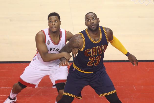 TORONTO, ON - MAY 23: LeBron James #23 of the Cleveland Cavaliers anticipates a rebound as he positions himself against Kyle Lowry #7 of the Toronto Raptors in Game Four of the Eastern Conference Finals during the 2016 NBA Playoffs at the Air Canada Centre on May 23, 2016 in Toronto, Ontario, Canada.  NOTE TO USER: User expressly acknowledges and agrees that, by downloading and or using this photograph, User is consenting to the terms and conditions of the Getty Images License Agreement.  (Photo by Tom Szczerbowski/Getty Images)