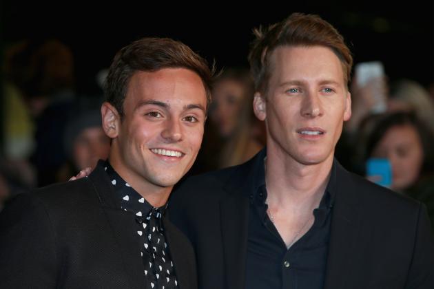 LONDON, ENGLAND - NOVEMBER 05: Tom Daley and Dustin Lance Black attend 'The Hunger Games: Mockingjay Part 2' UK Premiere at the Odeon Leicester Square on November 5, 2015 in London, England. (Photo by Chris Jackson/Getty Images)