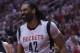 HOUSTON, TX - MAY 07: Nene Hilario #42 of the Houston Rockets reacts after he was charged with a foul against Jonathon Simmons #17 of the San Antonio Spurs during Game Three of the NBA Western Conference Semi-Finals at Toyota Center on May 7, 2017 in Houston, Texas. NOTE TO USER: User expressly acknowledges and agrees that, by downloading and or using this photograph, User is consenting to the terms and conditions of the Getty Images License Agreement. (Photo by Ronald Martinez/Getty Images)