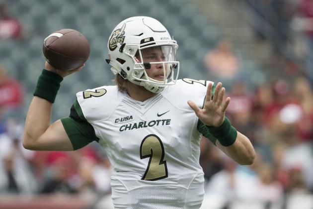PHILADELPHIA, PA - SEPTEMBER 24: Kevin Olsen #2 of the Charlotte 49ers throws a pass in the second quarter against the Temple Owls at Lincoln Financial Field on September 24, 2016 in Philadelphia, Pennsylvania. (Photo by Mitchell Leff/Getty Images)