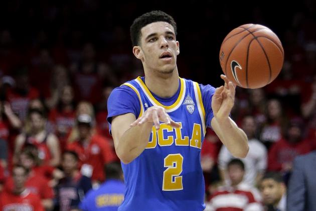 UCLA guard Lonzo Ball (2) during the first half of an NCAA college basketball game against Arizona, Saturday, Feb. 25, 2017, in Tucson, Ariz. (AP Photo/Rick Scuteri)