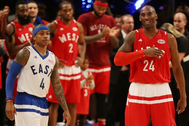 TORONTO, CANADA - FEBRUARY 14: Isaiah Thomas #4 of the Eastern Conference and Kobe Bryant #24 of the Western Conference are seen after the 2016 NBA All-Star Game on February 14, 2016 at the Air Canada Centre in Toronto, Ontario, Canada.  NOTE TO USER: User expressly acknowledges and agrees that, by downloading and or using this Photograph, user is consenting to the terms and conditions of the Getty Images License Agreement.  Mandatory Copyright Notice: Copyright 2016 NBAE  (Photo by Dave Sandford/NBAE via Getty Images)