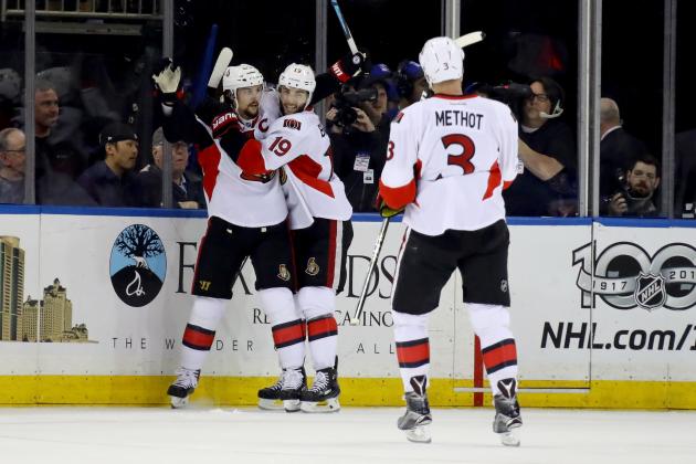 NEW YORK, NY - MAY 09:  Erik Karlsson #65 of the Ottawa Senators celebrates with teammates Derick Brassard #19 and Marc Methot #3 after scoring a goal against Henrik Lundqvist #30 of the New York Rangers during the second period in Game Six of the Eastern Conference Second Round during the 2017 NHL Stanley Cup Playoffs at Madison Square Garden on May 9, 2017 in New York City.  (Photo by Bruce Bennett/Getty Images)