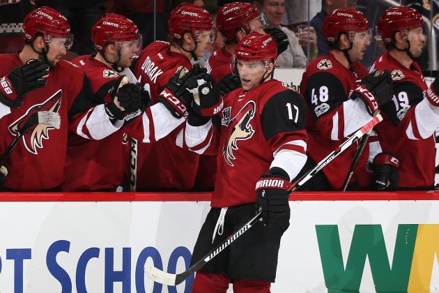 GLENDALE, AZ - FEBRUARY 26:  Radim Vrbata #17 of the Arizona Coyotes celebrates with teammates on the bench after scoring a goal against the Buffalo Sabres during the third period of the NHL game at Gila River Arena on February 26, 2017 in Glendale, Arizona. The Coyotes defeated the Sabres 3-2.  (Photo by Christian Petersen/Getty Images)