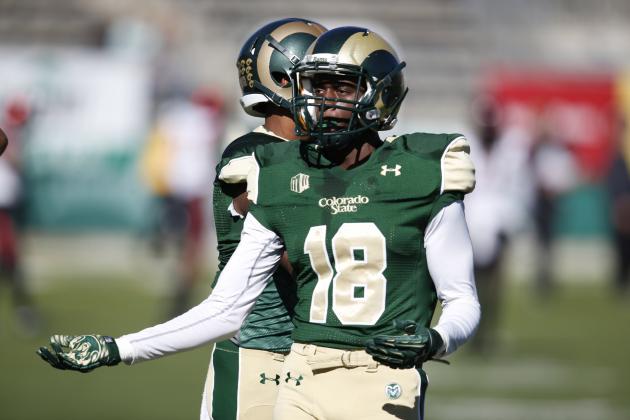 Colorado State Rams wide receiver Braylin Scott (18) warms up before the first half of an NCAA college football game Saturday, Oct. 31, 2015, in Fort Collins, Colo. (AP Photo/David Zalubowski)