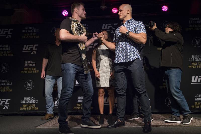 DALLAS, TX - MAY 10: Stipe Miocic (L) faces off with Junior dos Santos during the UFC 211 Ultimate Media Day at the House of Blues Dallas on May 10, 2017 in Dallas, Texas. (Photo by Cooper Neill/Zuffa LLC/Zuffa LLC via Getty Images)