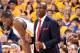 OAKLAND, CA - MAY 4: Mike Brown of the Golden State Warriors looks on during the game against the Utah Jazz during Game Two of the Western Conference Semifinals of the 2017 NBA Playoffs on May 4, 2017 at ORACLE Arena in Oakland, California. NOTE TO USER: User expressly acknowledges and agrees that, by downloading and/or using this Photograph, user is consenting to the terms and conditions of the Getty Images License Agreement. Mandatory Copyright Notice: Copyright 2017 NBAE (Photo by Andrew D. Bernstein/NBAE via Getty Images)