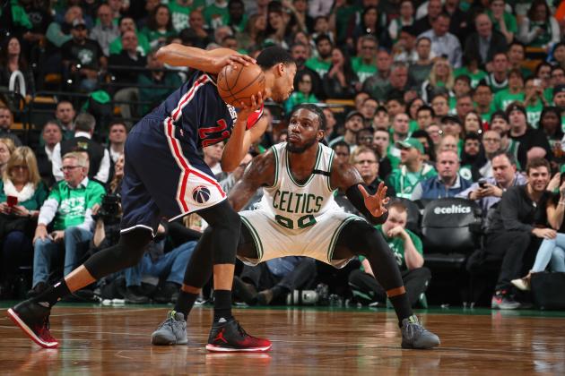 BOSTON, MA - MAY 10:  Jae Crowder #99 of the Boston Celtics plays defense against Otto Porter Jr. #22 of the Washington Wizards in Game Five of the Eastern Conference Semifinals during the 2017 NBA Playoffs on May 10, 2017 at the TD Garden in Boston, Massachusetts. NOTE TO USER: User expressly acknowledges and agrees that, by downloading and/or using this photograph, user is consenting to the terms and conditions of the Getty Images License Agreement. Mandatory Copyright Notice: Copyright 2017 NBAE (Photo by Nathaniel S. Butler/NBAE via Getty Images)
