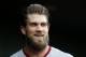 BALTIMORE, MD - MAY 9: Bryce Harper #34 of the Washington Nationals looks on from the dug out prior to a game against the Baltimore Orioles at Oriole Park at Camden Yards on May 9, 2017 in Baltimore, Maryland. (Photo by Matthew Hazlett/Getty Images)