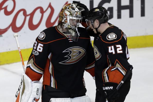 Anaheim Ducks goalie John Gibson (36) celebrates with Josh Manson (42) after Game 2 of the Western Conference final in the NHL hockey Stanley Cup playoffs against the Nashville Predators, Sunday, May 14, 2017, in Anaheim, Calif. The Ducks won 5-3. (AP Photo/Chris Carlson)