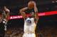 OAKLAND, CA - MAY 14: Andre Iguodala #9 of the Golden State Warriors shoots the ball against the San Antonio Spurs in Game One of the Western Conference Finals of the 2017 NBA Playoffs on May 14, 2017 at ORACLE Arena in Oakland, California. NOTE TO USER: User expressly acknowledges and agrees that, by downloading and/or using this Photograph, user is consenting to the terms and conditions of the Getty Images License Agreement. Mandatory Copyright Notice: Copyright 2017 NBAE (Photo by Andrew D. Bernstein/NBAE via Getty Images)