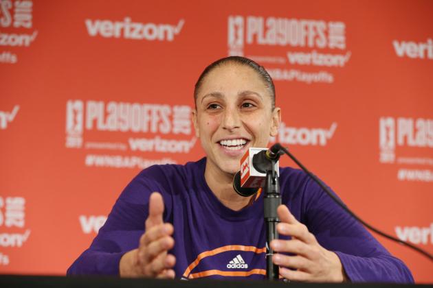 ST. PAUL, MN - SEPTEMBER 28:  Diana Taurasi #3 of the Phoenix Mercury speaks at a post game press conference after the game against the Minnesota Lynx in Game One of the Semifinals during the 2016 WNBA Playoffs on September 28, 2016 at Xcel Energy Center in St. Paul, Minnesota.  NOTE TO USER: User expressly acknowledges and agrees that, by downloading and or using this Photograph, user is consenting to the terms and conditions of the Getty Images License Agreement. Mandatory Copyright Notice: Copyright 2016 NBAE (Photo by David Sherman/NBAE via Getty Images)
