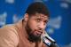 INDIANAPOLIS, IN - APRIL 23: Paul George #13 of the Indiana Pacers speaks during the post-game press conference after the game against the Cleveland Cavaliers during Game Four of the Eastern Conference Quarterfinals of the 2017 NBA Playoffs on April 23, 2017 at Bankers Life Fieldhouse in Indianapolis, Indiana. NOTE TO USER: User expressly acknowledges and agrees that, by downloading and or using this photograph, User is consenting to the terms and conditions of the Getty Images License Agreement. Mandatory Copyright Notice: Copyright 2017 NBAE (Photo by Jeff Haynes/NBAE via Getty Images)