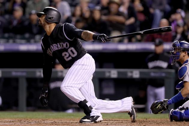 DENVER, CO - MAY 11:  Ian Desmond #20 of the Colorado Rockies hits a double in the fifth inning against the Los Angeles Dodgers at Coors Field on May 11, 2017 in Denver, Colorado.  (Photo by Matthew Stockman/Getty Images)