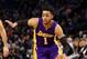 MINNEAPOLIS, MN - MARCH 30: D'Angelo Russell #1 of the Los Angeles Lakers handles the ball against the Minnesota Timberwolves on March 30, 2017 at Target Center in Minneapolis, Minnesota. NOTE TO USER: User expressly acknowledges and agrees that, by downloading and or using this Photograph, user is consenting to the terms and conditions of the Getty Images License Agreement. Mandatory Copyright Notice: Copyright 2017 NBAE (Photo by Jordan Johnson/NBAE via Getty Images)
