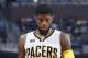 INDIANAPOLIS, IN - APRIL 23: Paul George #13 of the Indiana Pacers reacts against the Cleveland Cavaliers in Game Four of the Eastern Conference Quarterfinals during the 2017 NBA Playoffs at Bankers Life Fieldhouse on April 23, 2017 in Indianapolis, Indiana. The Cavaliers defeated the Pacers 106-102 to sweep the series 4-0. NOTE TO USER: User expressly acknowledges and agrees that, by downloading and or using the photograph, User is consenting to the terms and conditions of the Getty Images License Agreement. (Photo by Joe Robbins/Getty Images)