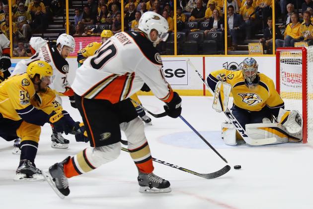 NASHVILLE, TN - MAY 18:  Corey Perry #10 of the Anaheim Ducks shoots the puck against Pekka Rinne #35 of the Nashville Predators during the second period in Game Four of the Western Conference Final during the 2017 Stanley Cup Playoffs at Bridgestone Arena on May 18, 2017 in Nashville, Tennessee.  (Photo by Bruce Bennett/Getty Images)