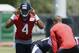 HOUSTON, TX - MAY 13: Deshaun Watson #4 of the Houston Texans runs through drills during Texans rookie camp on May 13, 2017 in Houston, Texas. (Photo by Bob Levey/Getty Images)