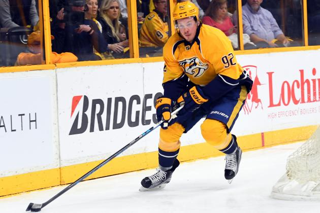 Mar 4, 2017; Nashville, TN, USA; Nashville Predators center Ryan Johansen (92) skates with the puck behind the goal during the first period against the Chicago Blackhawks at Bridgestone Arena. Mandatory Credit: Christopher Hanewinckel-USA TODAY Sports