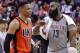 Oklahoma City Thunder's Russell Westbrook (0) and Houston Rockets' James Harden (13) talk on the court after an NBA basketball game in Houston, Sunday, March 26, 2017. (AP Photo/Michael Wyke)