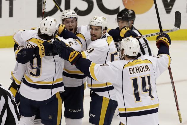 Nashville Predators celebrate a goal by Pontus Aberg against the Anaheim Ducks during the third period of Game 5 in the NHL hockey Stanley Cup Western Conference finals in Anaheim, Calif., Saturday, May 20, 2017. (AP Photo/Chris Carlson)
