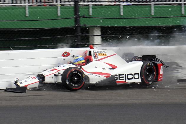 The car driven by Sebastien Bourdais, of France, impacts the wall in the second turn during qualifications for the Indianapolis 500 IndyCar auto race at Indianapolis Motor Speedway, Saturday, May 20, 2017 in Indianapolis. (AP Photo/Jamie Gallagher)