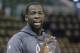 Golden State Warriors forward Draymond Green looks on during practice before the start of Game 4 of the NBA basketball second-round playoff series against the Utah Jazz Monday, May 8, 2017, in Salt Lake City. (AP Photo/Rick Bowmer)