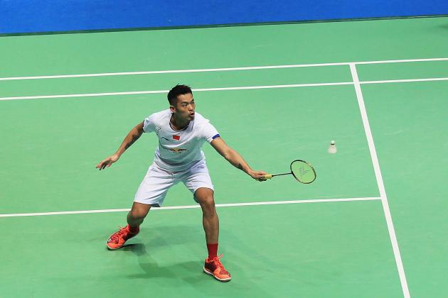 WUHAN, CHINA - APRIL 30:  Lin Dan of China hits a return during the men's singles final match against  Chen Long of China at the 2017 Badminton Asia Championships on Apirl 30, 2017 in Wuhan, central China's Hubei province.  (Photo by Wang HE/Getty Images)