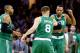 CLEVELAND, OH - MAY 21: Avery Bradley #0 celebrates with Jonas Jerebko #8 of the Boston Celtics after their 111 to 108 win over the Cleveland Cavaliers during Game Three of the 2017 NBA Eastern Conference Finals at Quicken Loans Arena on May 21, 2017 in Cleveland, Ohio. NOTE TO USER: User expressly acknowledges and agrees that, by downloading and or using this photograph, User is consenting to the terms and conditions of the Getty Images License Agreement. (Photo by Jason Miller/Getty Images)