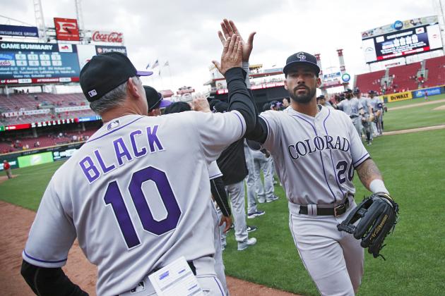 CINCINNATI, OH - MAY 21: Colorado Rockies manager Bud Black celebrates with Ian Desmond #20 after the final out in the ninth inning of a game against the Cincinnati Reds at Great American Ball Park on May 21, 2017 in Cincinnati, Ohio. The Rockies defeated the Reds 6-4. (Photo by Joe Robbins/Getty Images)