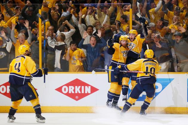 NASHVILLE, TN - MAY 22:  Colton Sissons #10 of the Nashville Predators celebrates with teammates after scoring during the third period against the Anaheim Ducks in Game Six of the Western Conference Final during the 2017 Stanley Cup Playoffs at Bridgestone Arena on May 22, 2017 in Nashville, Tennessee.  (Photo by Frederick Breedon/Getty Images)