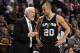 San Antonio Spurs head coach Gregg Popovich talks with San Antonio Spurs guard Manu Ginobili (20) during the second half of an NBA basketball game against the Chicago Bulls in Chicago, Thursday, Dec. 8, 2016. The Bulls won 95-91.(AP Photo/David Banks)