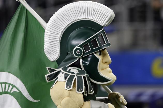 Sparty, the Michigan State mascot takes the field before the Cotton Bowl NCAA college football semifinal playoff game against Alabama, Thursday, Dec. 31, 2015, in Arlington, Texas. (AP Photo/LM Otero)