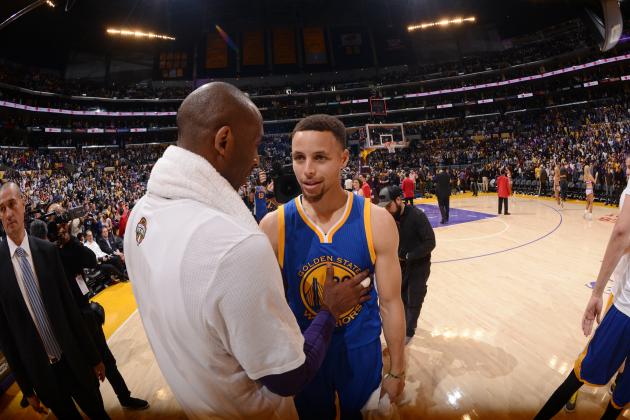 LOS ANGELES, CA - MARCH 6:  Kobe Bryant #24 of the Los Angeles Lakers shakes hands with Stephen Curry #30 of the Golden State Warriors after the game on March 6, 2016 at STAPLES Center in Los Angeles, California. NOTE TO USER: User expressly acknowledges and agrees that, by downloading and/or using this Photograph, user is consenting to the terms and conditions of the Getty Images License Agreement. Mandatory Copyright Notice: Copyright 2016 NBAE (Photo by Noah Graham/NBAE via Getty Images)