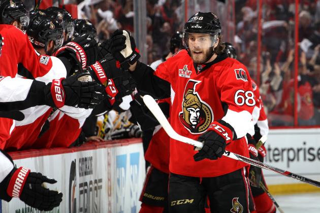 OTTAWA, ON - MAY 23:  Mike Hoffman #68 of the Ottawa Senators celebrates with his teammate after scoring a goal on Matt Murray #30 of the Pittsburgh Penguins during the third period in Game Six of the Eastern Conference Final during the 2017 NHL Stanley Cup Playoffs at Canadian Tire Centre on May 23, 2017 in Ottawa, Canada.  (Photo by Jana Chytilova/Freestyle Photo/Getty Images)