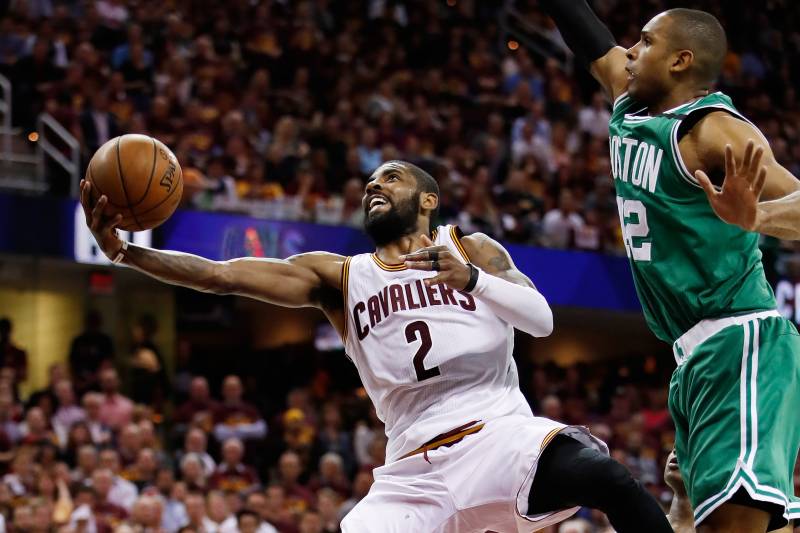 CLEVELAND, OH - MAY 23: Kyrie Irving #2 of the Cleveland Cavaliers shoots against Al Horford #42 of the Boston Celtics late in the third quarter during Game Four of the 2017 NBA Eastern Conference Finals at Quicken Loans Arena on May 23, 2017 in Cleveland, Ohio. NOTE TO USER: User expressly acknowledges and agrees that, by downloading and or using this photograph, User is consenting to the terms and conditions of the Getty Images License Agreement. (Photo by Gregory Shamus/Getty Images)