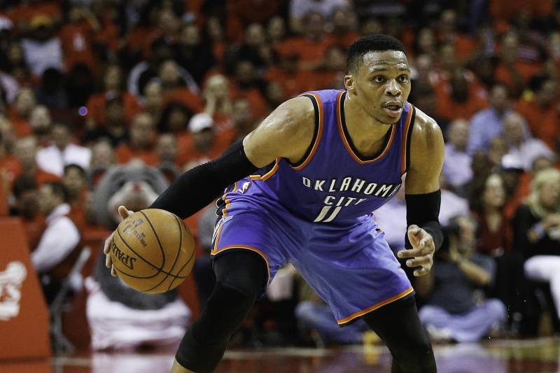 HOUSTON, TX - APRIL 25: Russell Westbrook #0 of the Oklahoma City Thunder brings the ball up the court against the Houston Rockets during Game Five of the Western Conference Quarterfinals game of the 2017 NBA Playoffs at Toyota Center on April 25, 2017 in Houston, Texas. NOTE TO USER: User expressly acknowledges and agrees that, by downloading and/or using this photograph, user is consenting to the terms and conditions of the Getty Images License Agreement.  (Photo by Bob Levey/Getty Images)