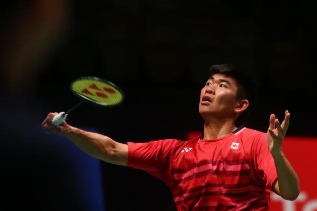 Jason Anthony Ho-Shue of Canada hits a return during the men's singles Sudirman Cup match against Anthony Joe of Australia (not pictured) at the Gold Coast Sports Centre on May 26, 2017. / AFP PHOTO / Patrick HAMILTON / -- IMAGE RESTRICTED TO EDITORIAL USE - STRICTLY NO COMMERCIAL USE --        (Photo credit should read PATRICK HAMILTON/AFP/Getty Images)