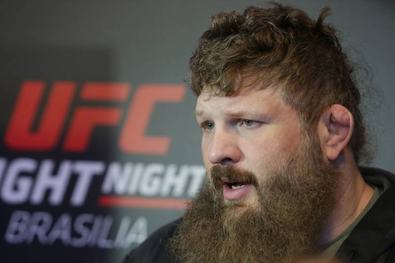 Brazil's Roy Nelson speaks to the press at an UFC event promoting his upcoming UFC Fight Night with countryman Antonio Pezao in Brasilia, Brazil, Thursday, Sept. 22, 2016. Their fight is set for Saturday, Sept. 24. (AP Photo/Eraldo Peres)