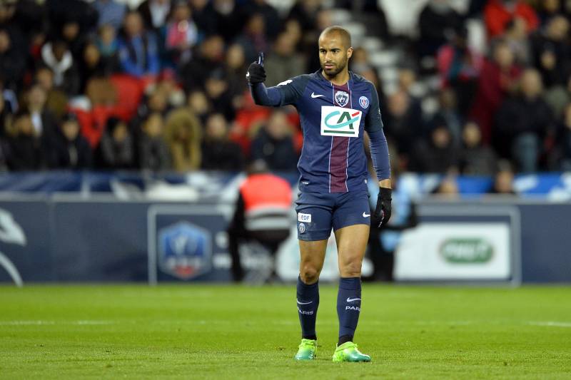 PARIS, FRANCE - APRIL 26: Lucas of Paris Saint-Germain reacts during the French Cup Semi-Final match between Paris Saint-Germain and As Monaco at Parc des Princes on April 26, 2017 in Paris, France. (Photo by Aurelien Meunier/Getty Images )